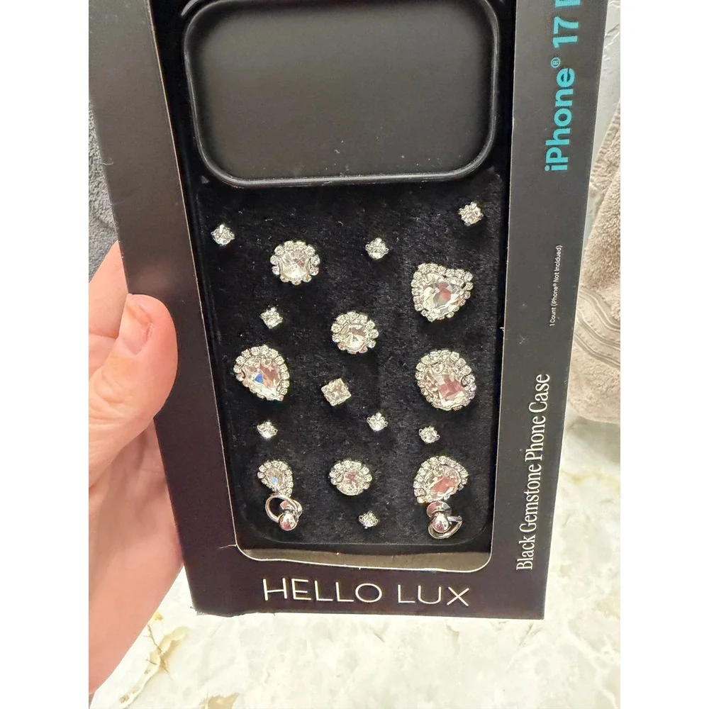 Hello Lux Black Gemstone iPhone 17 Pro Max Case Bling Rhinestone 10ft Drop Cover